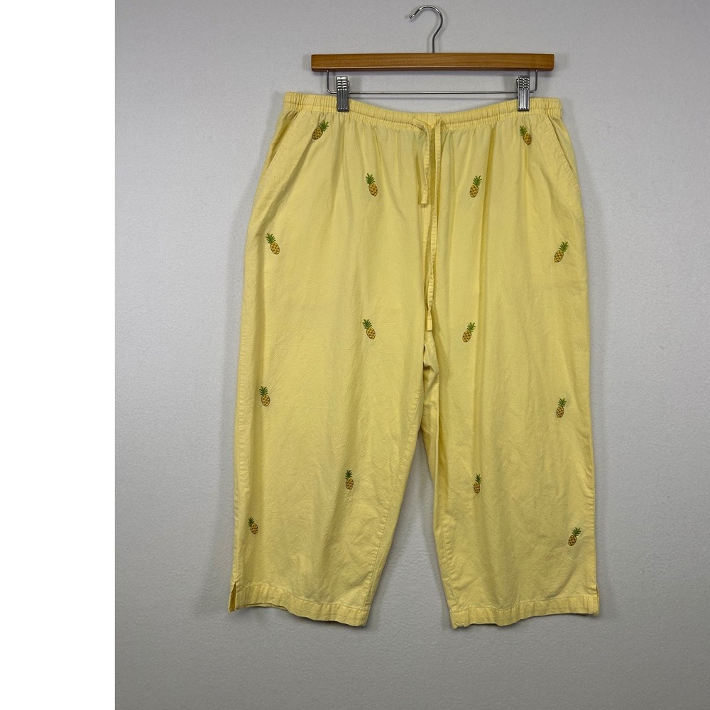 Tropical Summer Jane Ashley Womens XL Yellow Pineapple Embroidered Crop Pants